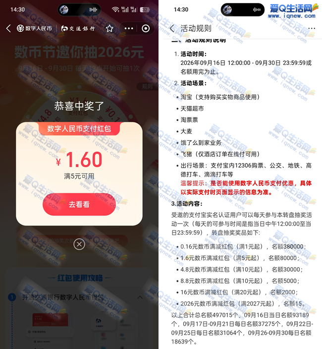 支付宝交行数币节抽2026元 亲测1.6元数币红包_www.iqnew.com
